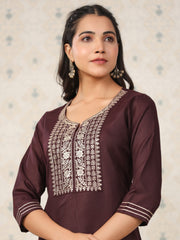 Dark Wine Embroidered Neck Kurta.