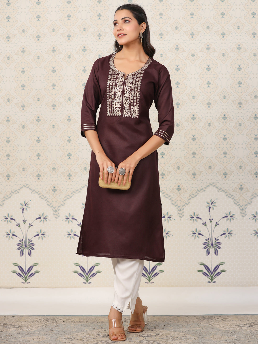 Dark Wine Embroidered Neck Kurta.