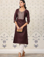 Dark Wine Embroidered Neck Kurta.