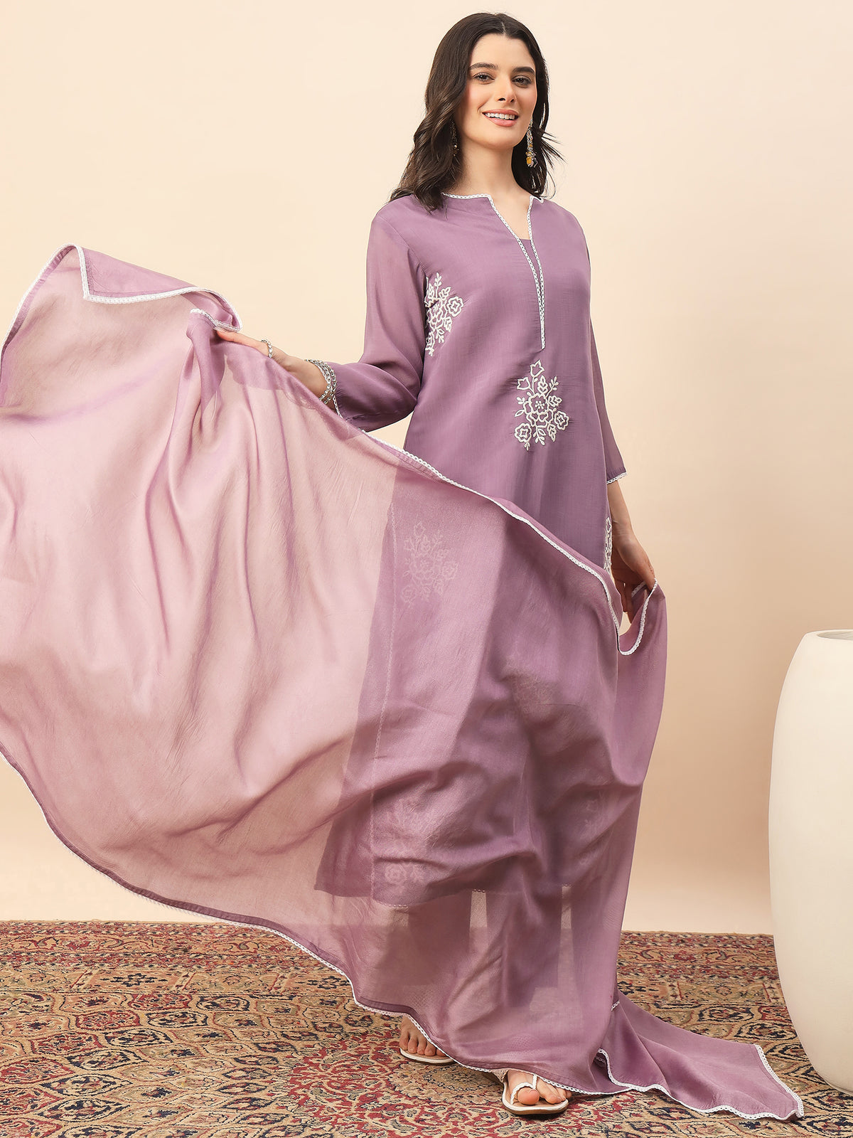 Dusty Mauve Silk Blend Embroidered Kurta Set with Dupatta for Women | Elegant Festive & Ethnic Wear