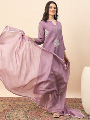 Dusty Mauve Silk Blend Embroidered Kurta Set with Dupatta for Women | Elegant Festive & Ethnic Wear