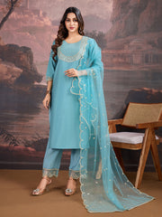 Aqua Blue Silk Blend Kurta, Pants & Net Dupatta Set.