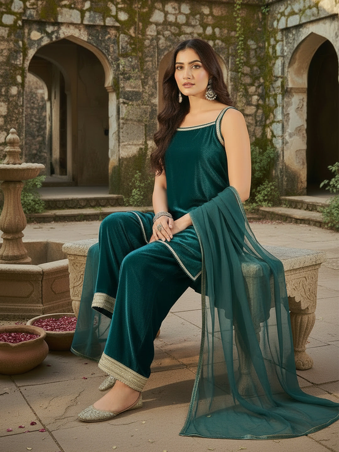 Rama Green Velvet Kurta, Pant and Dupatta Set