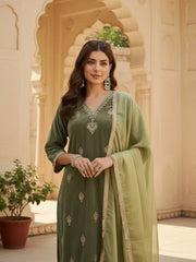 Olive Green Velvet Embroidered Kurta, Pant and Dupatta Set