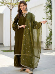 Olive Green Velvet Kurta, Pant and Dupatta Set