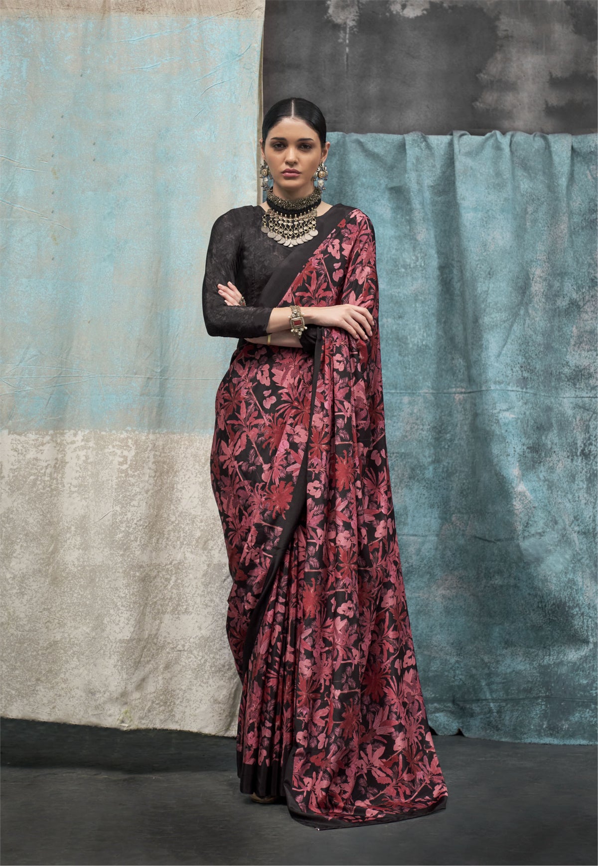 Digital Printed Satin Saree with Unstiched Blouse