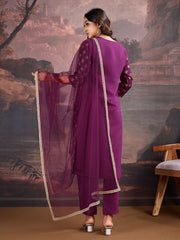 Magenta Silk Blend Kurta with Pants & Net Dupatta