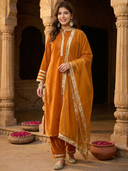 Mustard Velvet Embellished Kurta, Pant and Dupatta Set