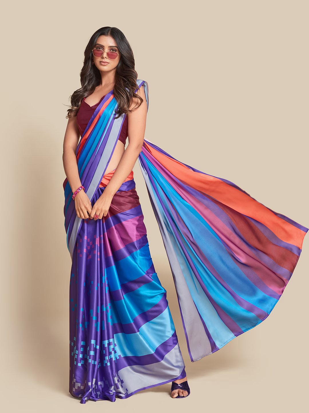 Digital Printed Satin Saree with Unstiched Blouse.