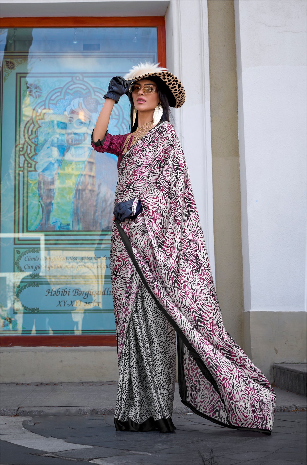 Digital Printed Satin Saree with Unstiched Blouse