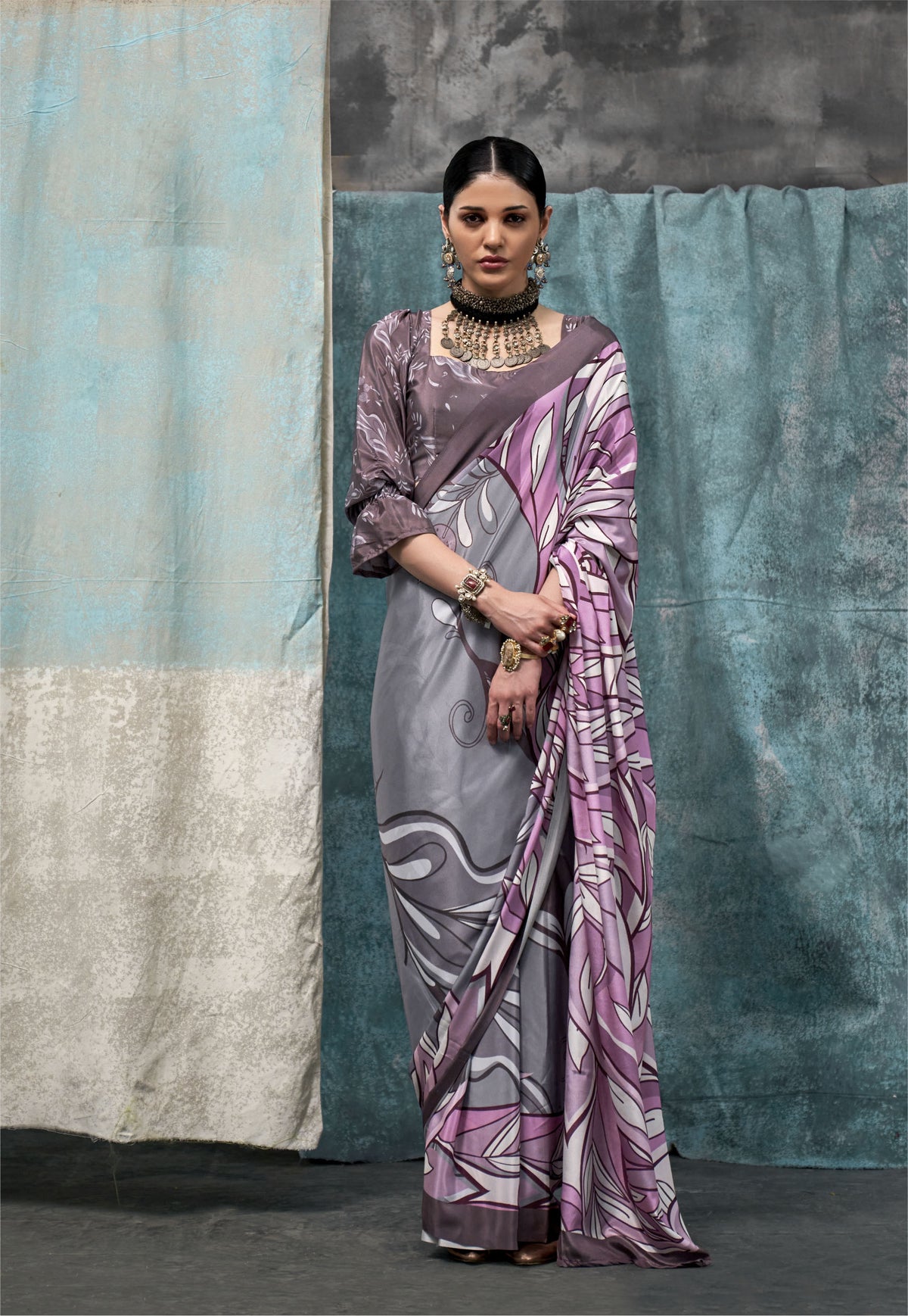 Digital Printed Satin Saree with Unstiched Blouse
