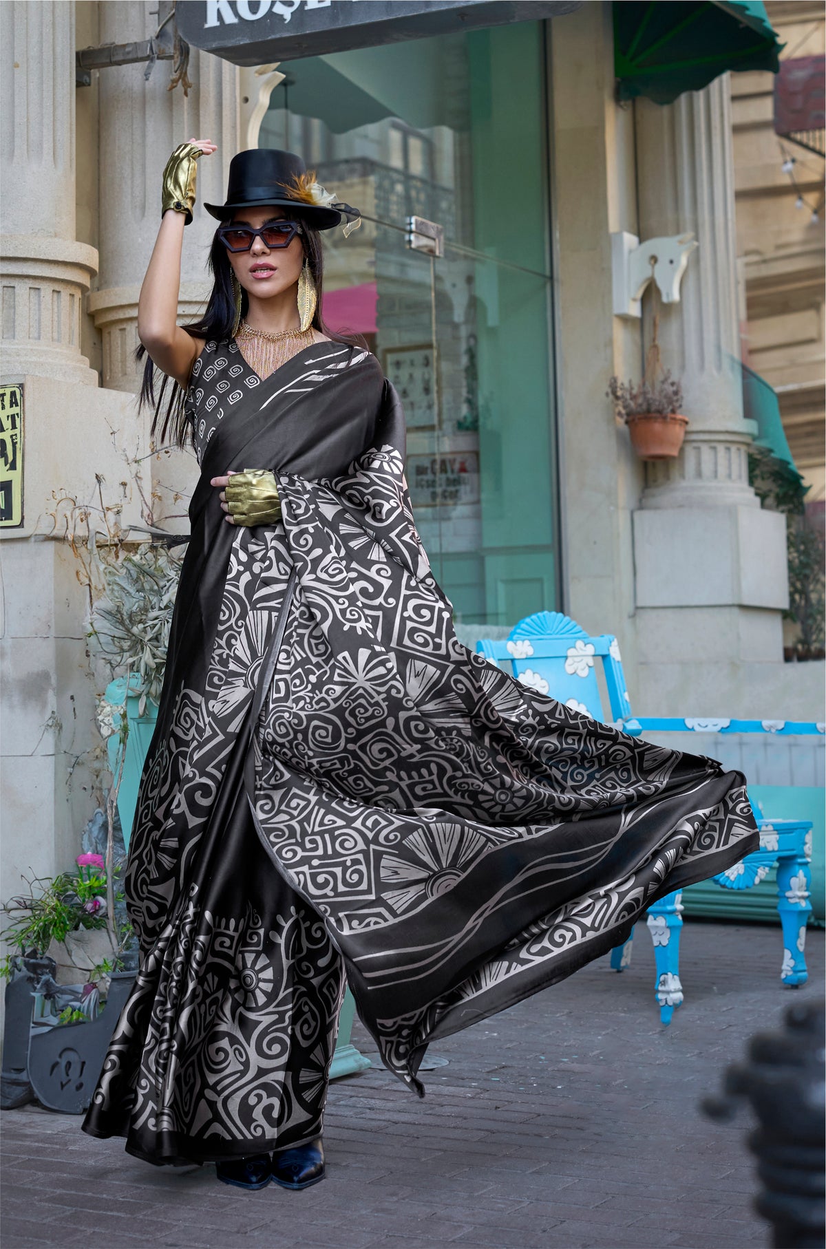 Digital Printed Satin Saree with Unstiched Blouse