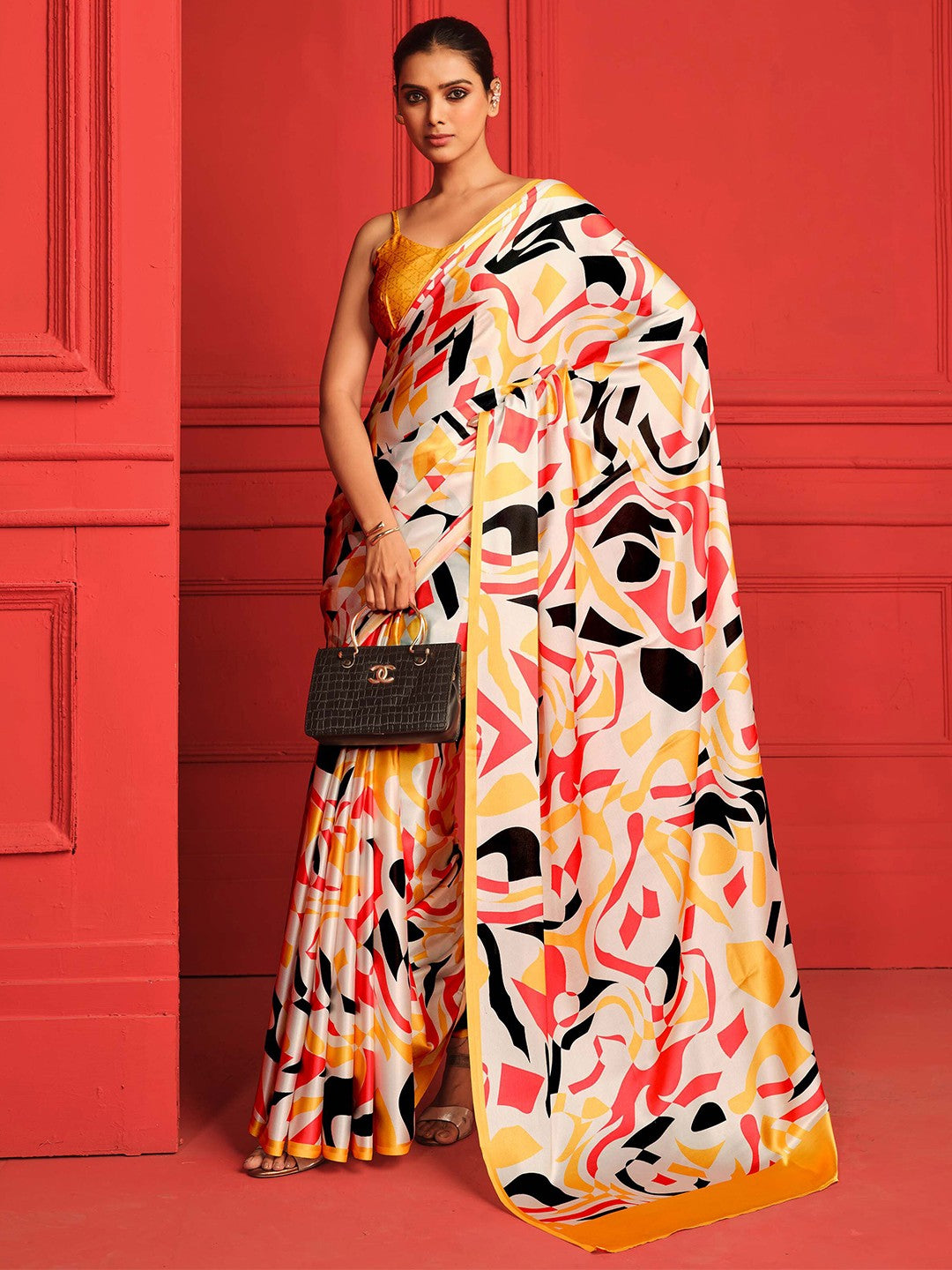 Digital Printed Satin Saree with Unstiched Blouse.