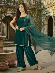 Rama Green Velvet Kurta, Pant and Dupatta Set