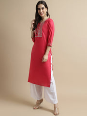 Pink Embroidered Neck Kurta.