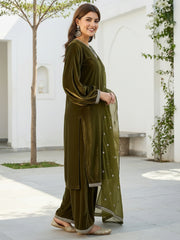 Olive Green Velvet Kurta, Pant and Dupatta Set