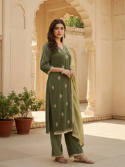 Olive Green Velvet Embroidered Kurta, Pant and Dupatta Set