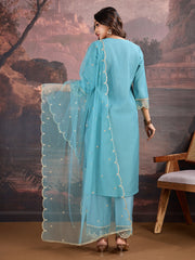 Aqua Blue Silk Blend Kurta, Pants & Net Dupatta Set.