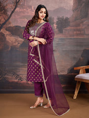 Magenta Silk Blend Kurta with Pants & Net Dupatta