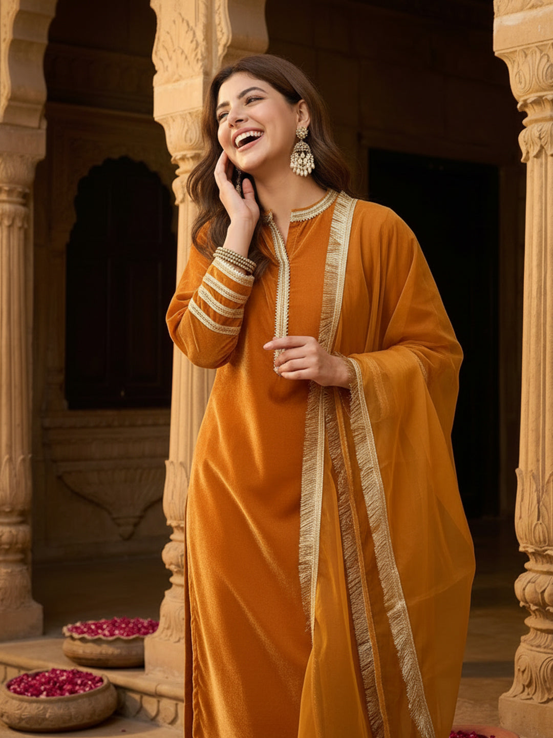 Mustard Velvet Embellished Kurta, Pant and Dupatta Set