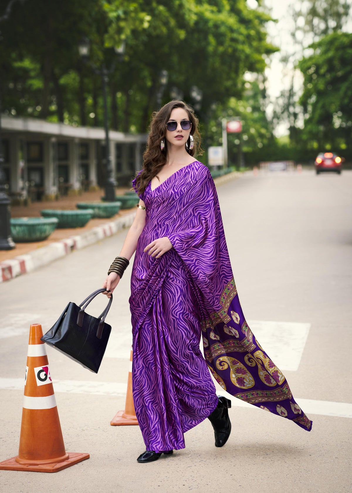 Digital Printed Satin Saree with Unstiched Blouse.