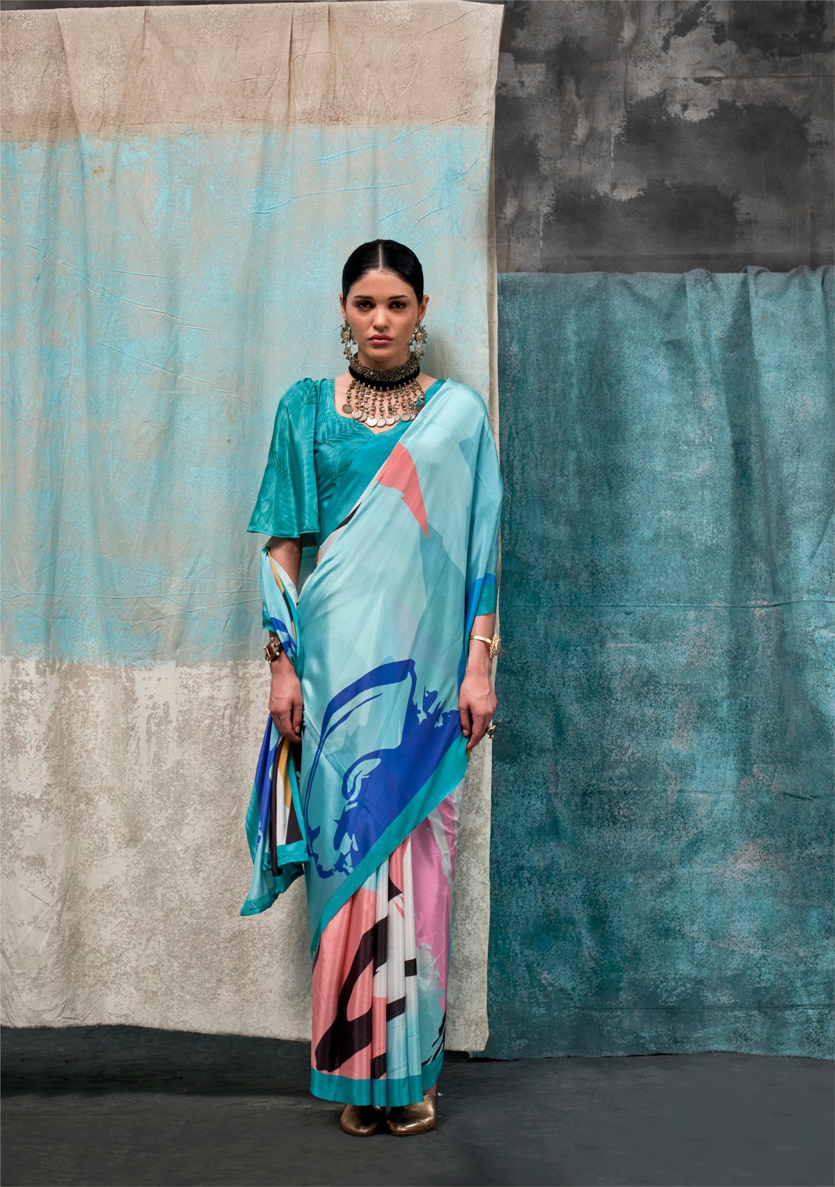Digital Printed Satin Saree with Unstiched Blouse