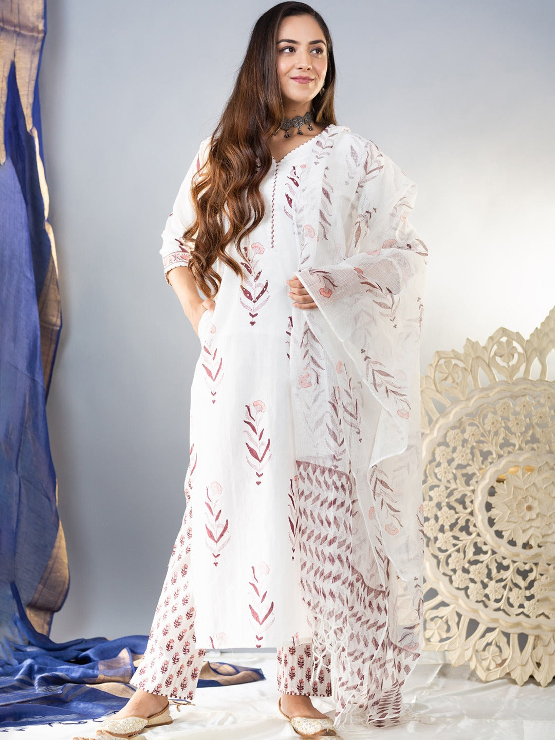 White Cotton Blend Printed Kurta, Pant, & Dupatta Set