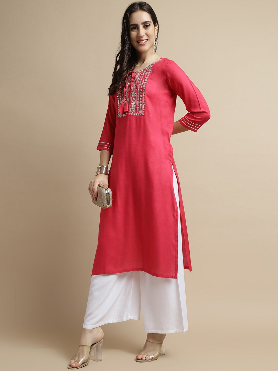 Pink Embroidered Neck Kurta.