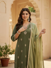 Olive Green Velvet Embroidered Kurta, Pant and Dupatta Set