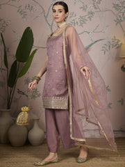 Dusty Pink Silk Kurta, Pant and Net Dupatta.