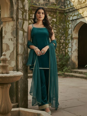 Rama Green Velvet Kurta, Pant and Dupatta Set