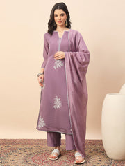 Dusty Mauve Silk Blend Embroidered Kurta Set with Dupatta for Women | Elegant Festive & Ethnic Wear