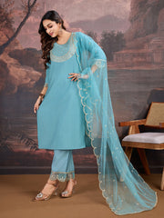 Aqua Blue Silk Blend Kurta, Pants & Net Dupatta Set.