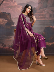 Magenta Silk Blend Kurta with Pants & Net Dupatta