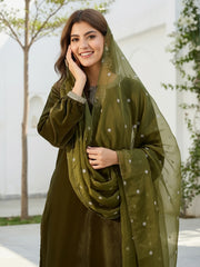 Olive Green Velvet Kurta, Pant and Dupatta Set