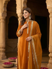 Mustard Velvet Embellished Kurta, Pant and Dupatta Set
