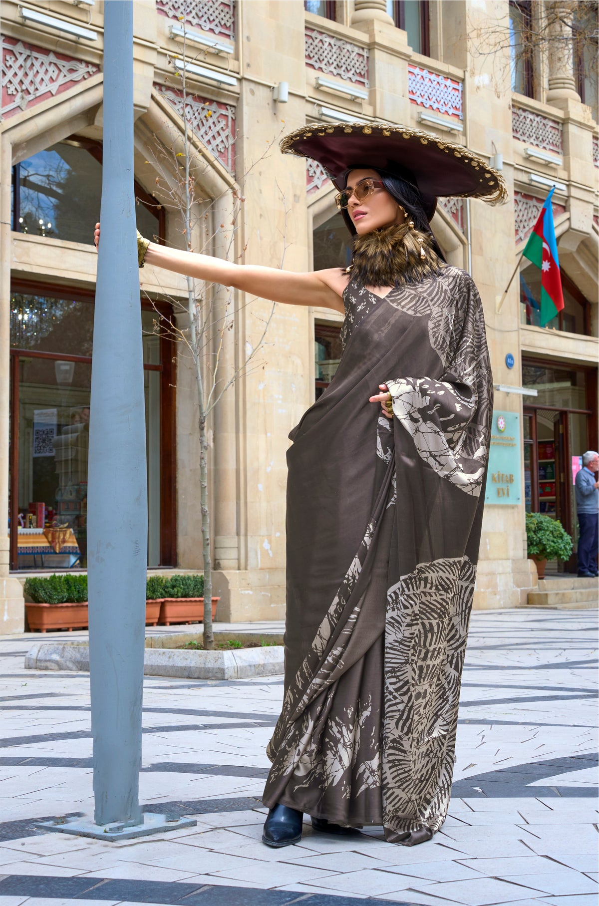 Digital Printed Satin Saree with Unstiched Blouse