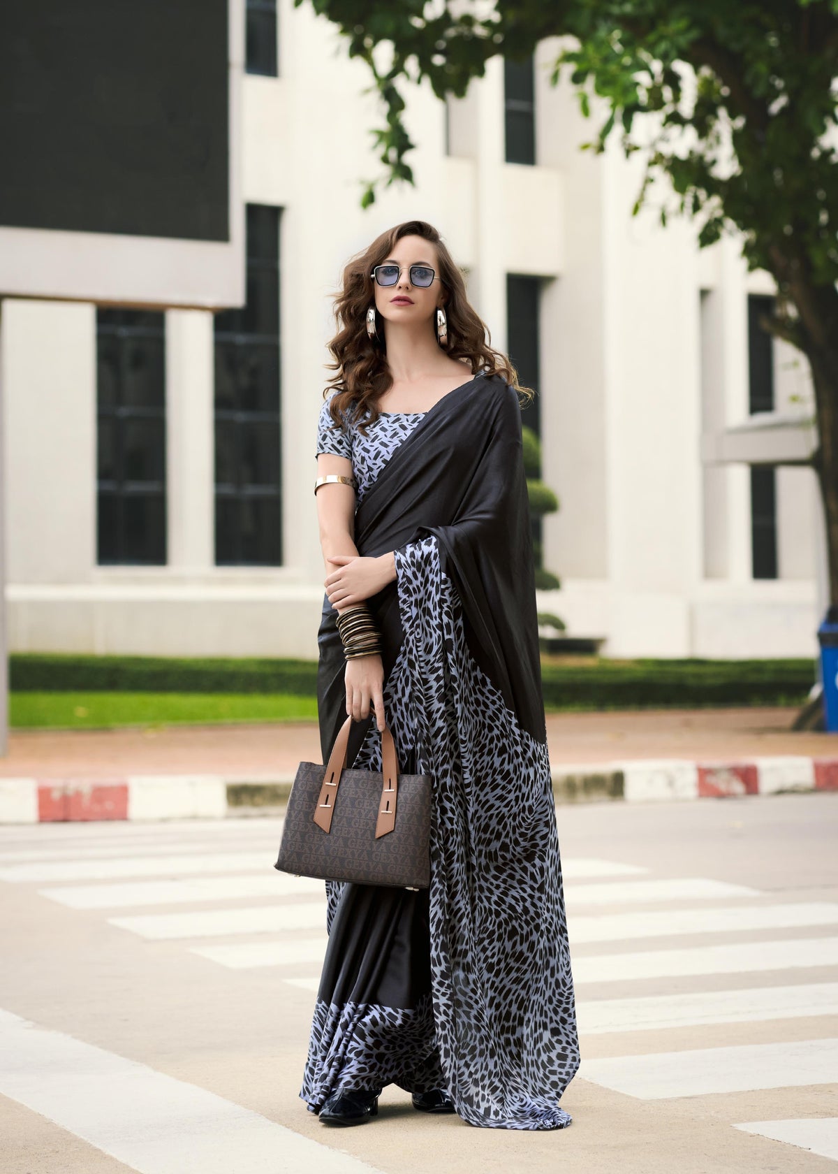 Digital Printed Satin Saree with Unstiched Blouse