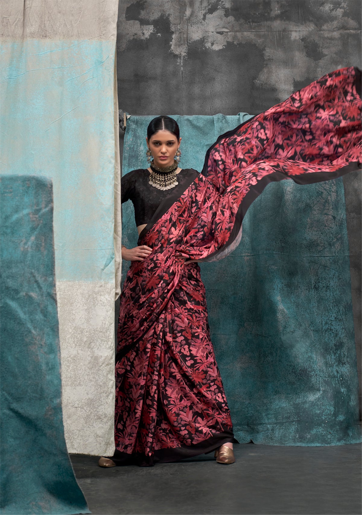 Digital Printed Satin Saree with Unstiched Blouse