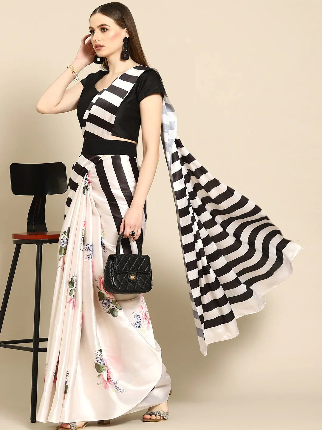 Digital Printed Satin Saree with Unstiched Blouse