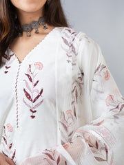 White Cotton Blend Printed Kurta, Pant, & Dupatta Set