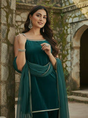 Rama Green Velvet Kurta, Pant and Dupatta Set