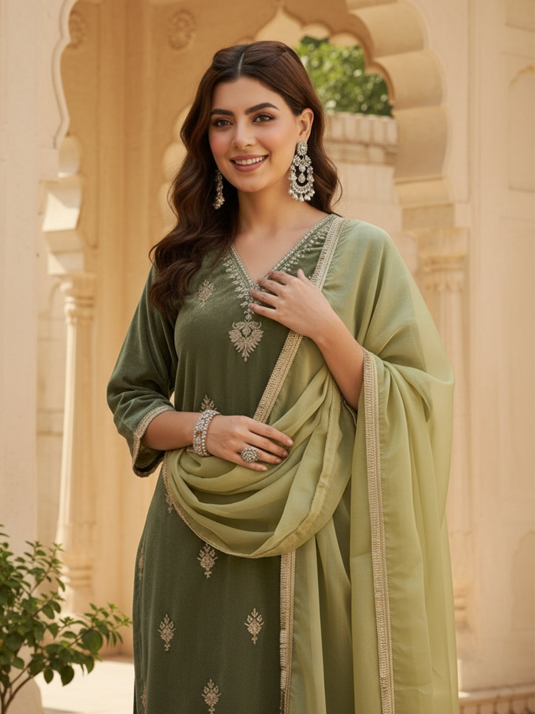 Olive Green Velvet Embroidered Kurta, Pant and Dupatta Set