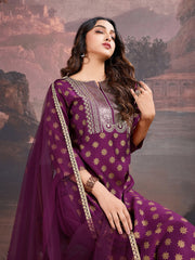 Magenta Silk Blend Kurta with Pants & Net Dupatta