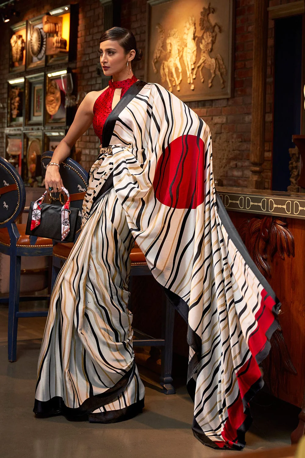 Digital Printed Satin Saree with Unstiched Blouse