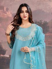 Aqua Blue Silk Blend Kurta, Pants & Net Dupatta Set.