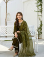 Olive Green Velvet Kurta, Pant and Dupatta Set