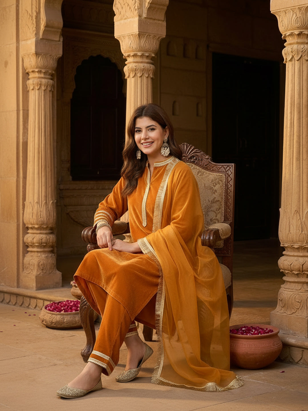 Mustard Velvet Embellished Kurta, Pant and Dupatta Set