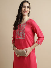 Pink Embroidered Neck Kurta.