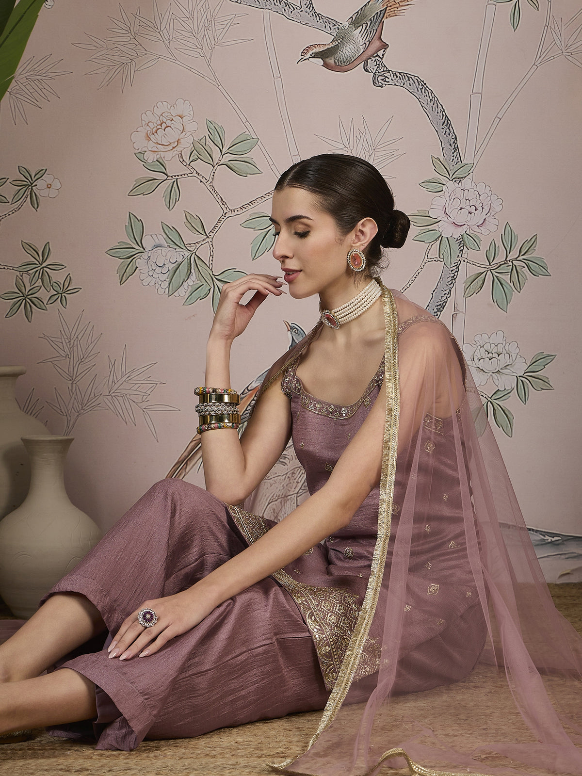 Dusty Pink Silk Kurta, Pant and Net Dupatta